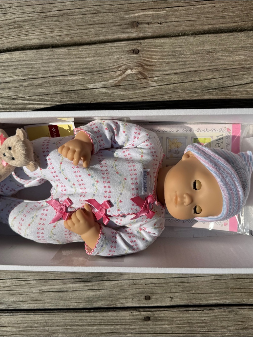 American Girl Baby Doll in Pink & White Sleep Outfit with Plush Bear - Picture 14 of 15